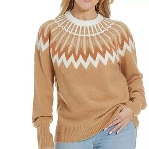 FRENCH CONNECTION Women's Fair Isle Sweater Camel and White Pattern Size Small